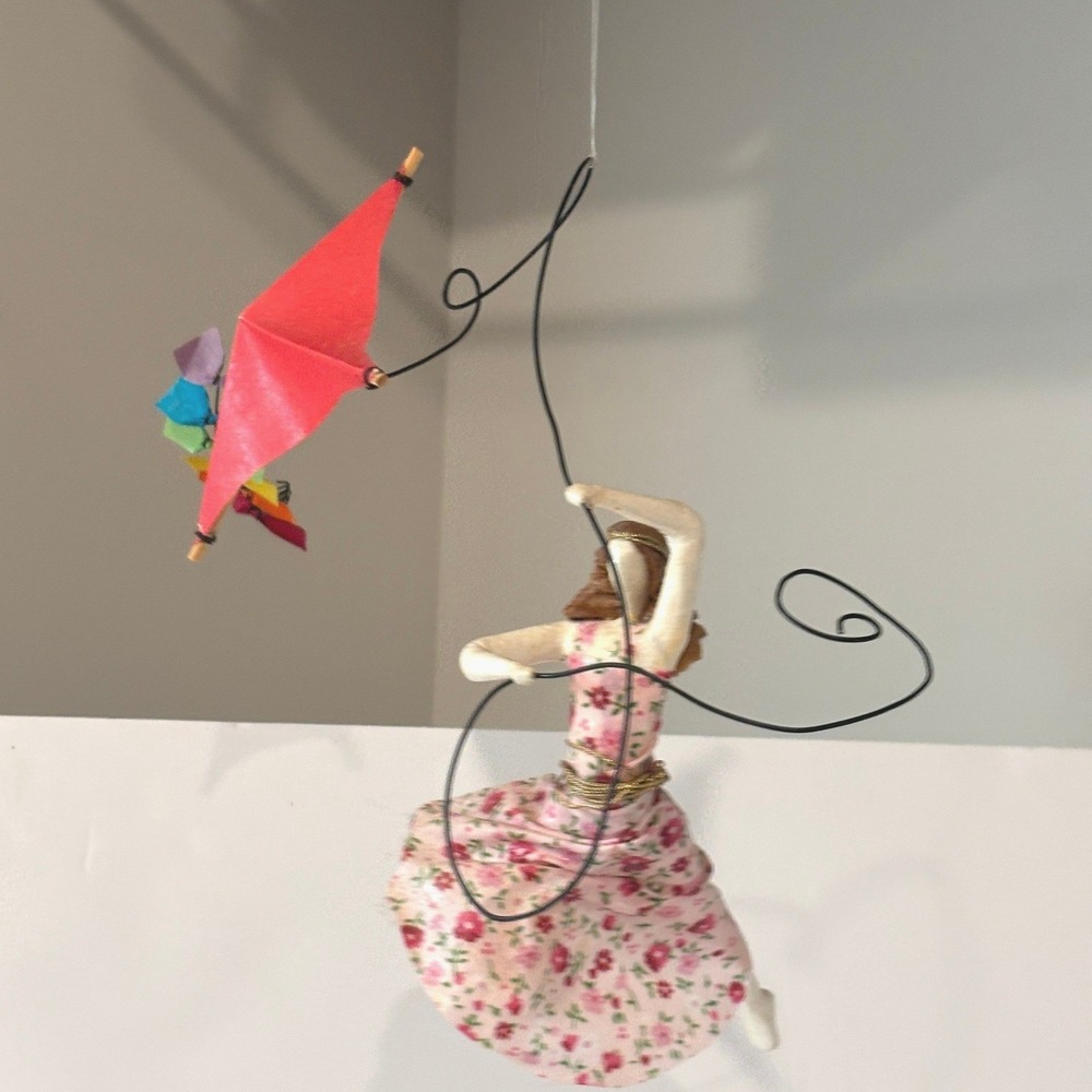 Serena Mann Studios Handcrafted Girl with Kite Figurine Floral Cloth Wire 2011